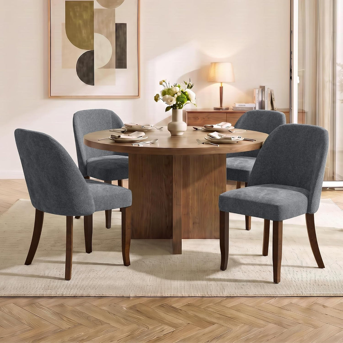 Grey Chenille Upholstered Wooden Dining Chairs Set