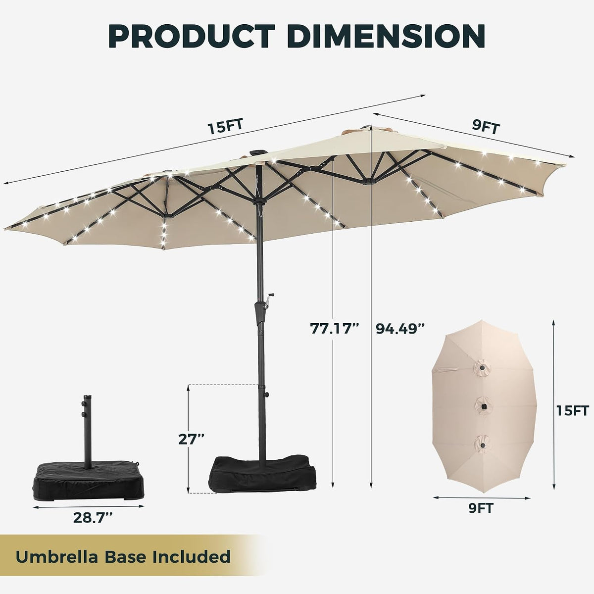 15Foot Double Sided Rectangular Patio Solar Umbrella