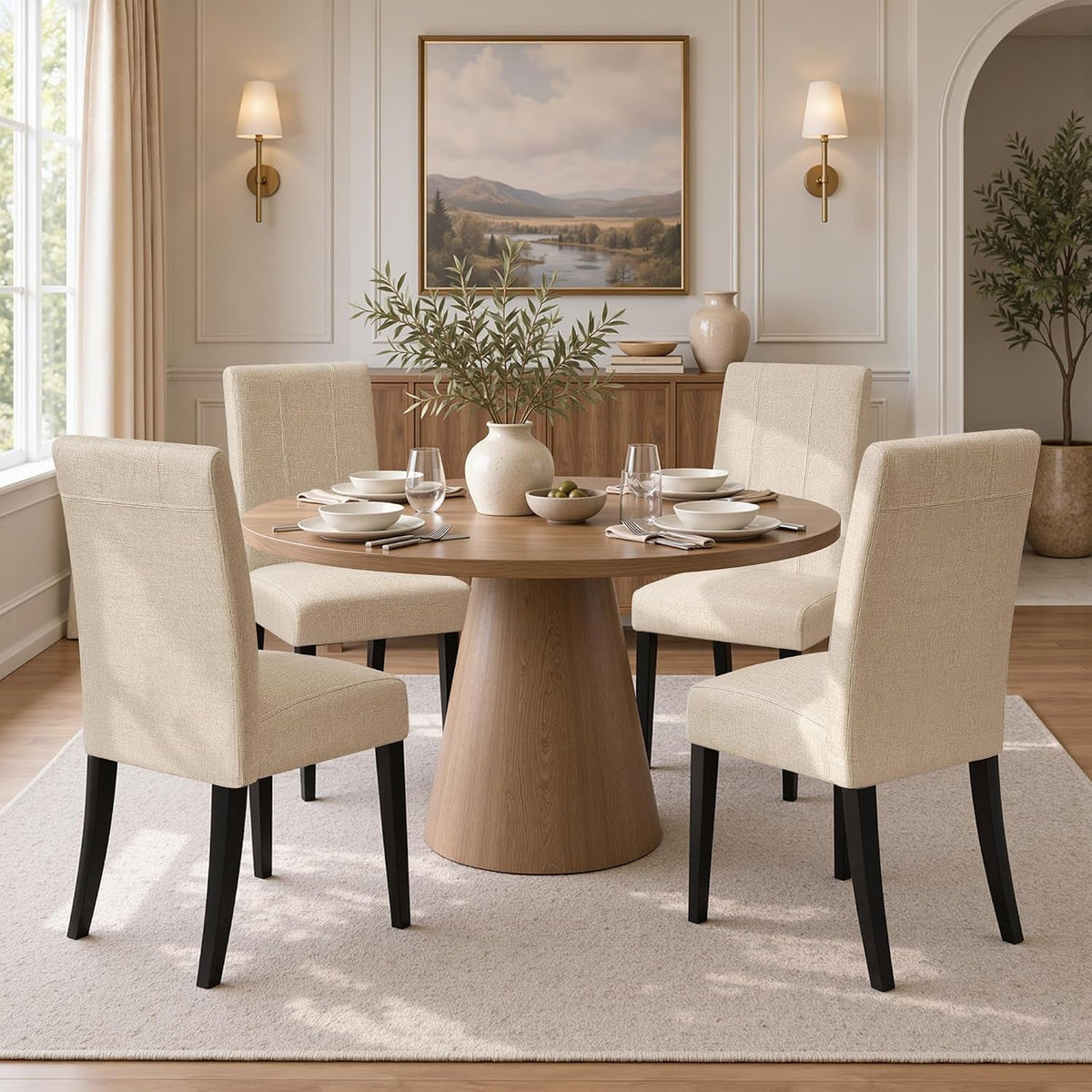 Oatmeal Upholstered Dining Chairs Quartet Solid Wood Legs