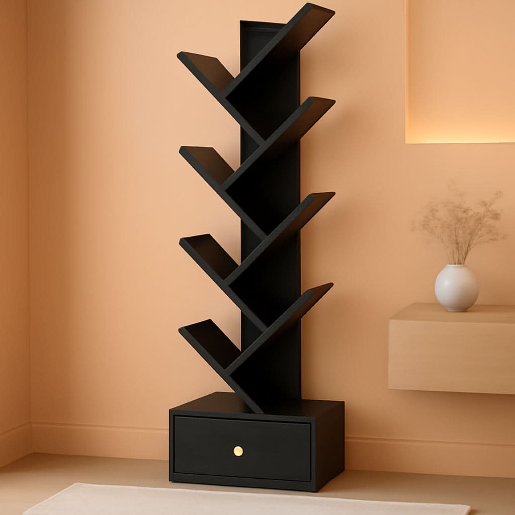 8 Tier Tree Bookshelf Drawer Freestanding Black Bookcase