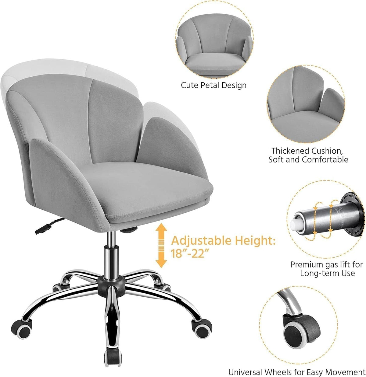 Velvet Desk Chair Armrests Light Gray Modern Office Chair