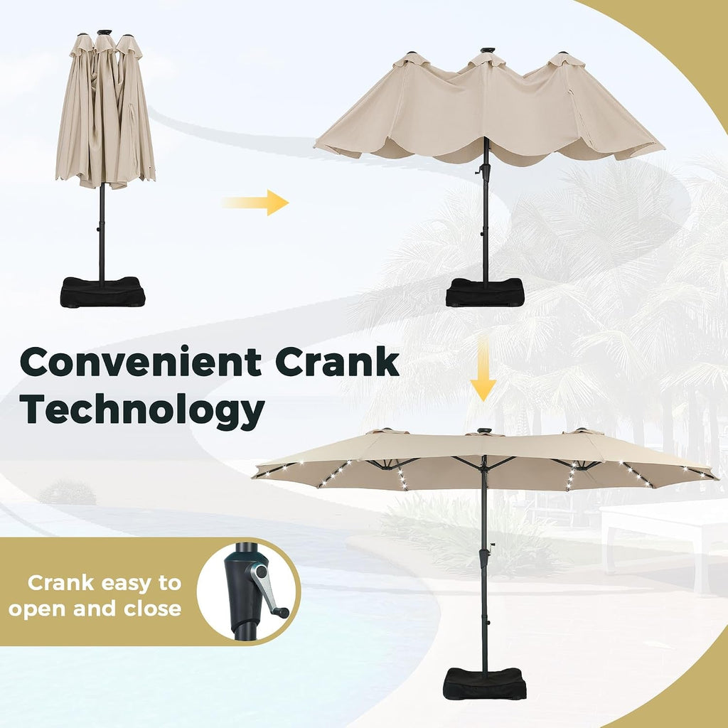 15Foot Double Sided Rectangular Patio Solar Umbrella