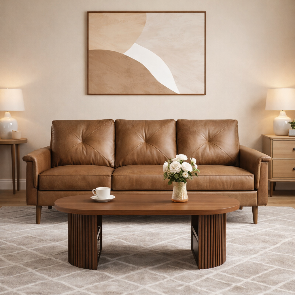 71.6" Mid Century Modern 3 Seat Sofa with 47" Oval Fluted Coffee Table Living Room Set Walnut