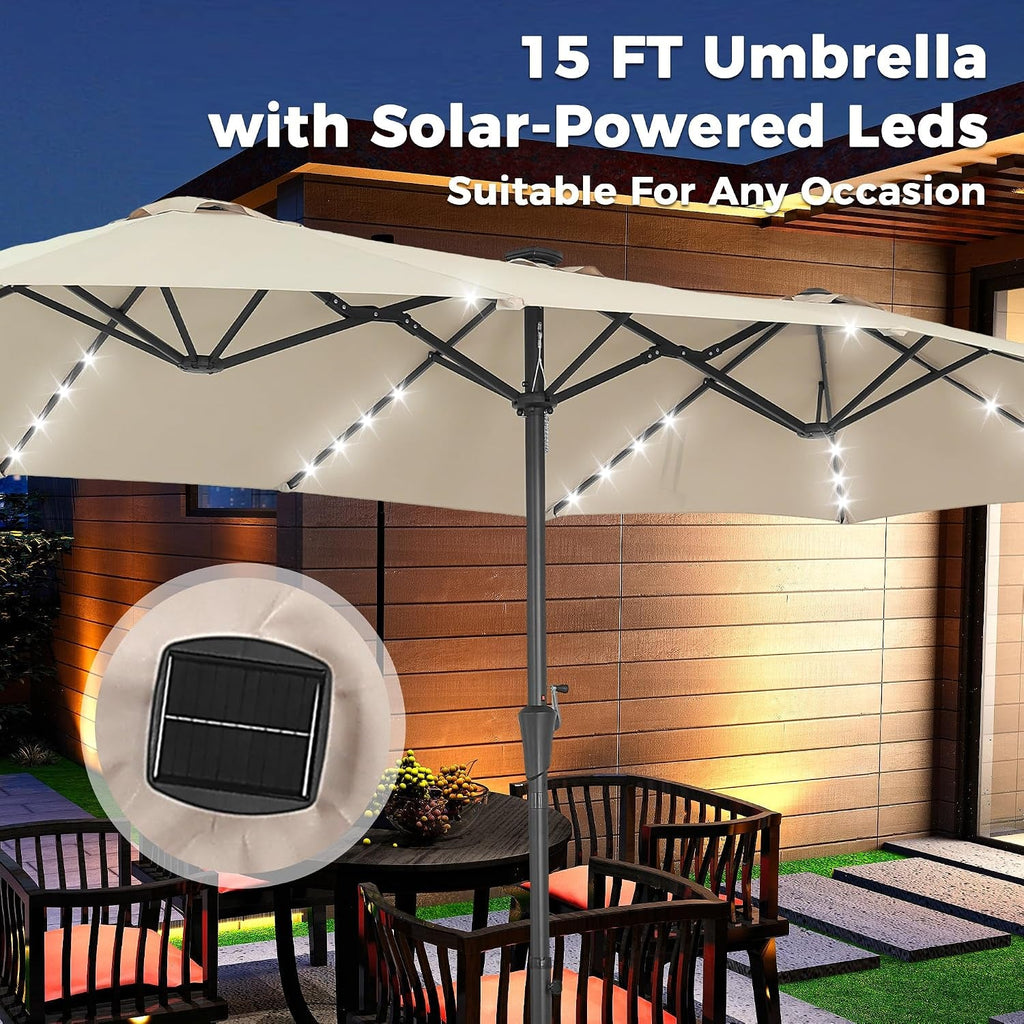 15Foot Double Sided Rectangular Patio Solar Umbrella