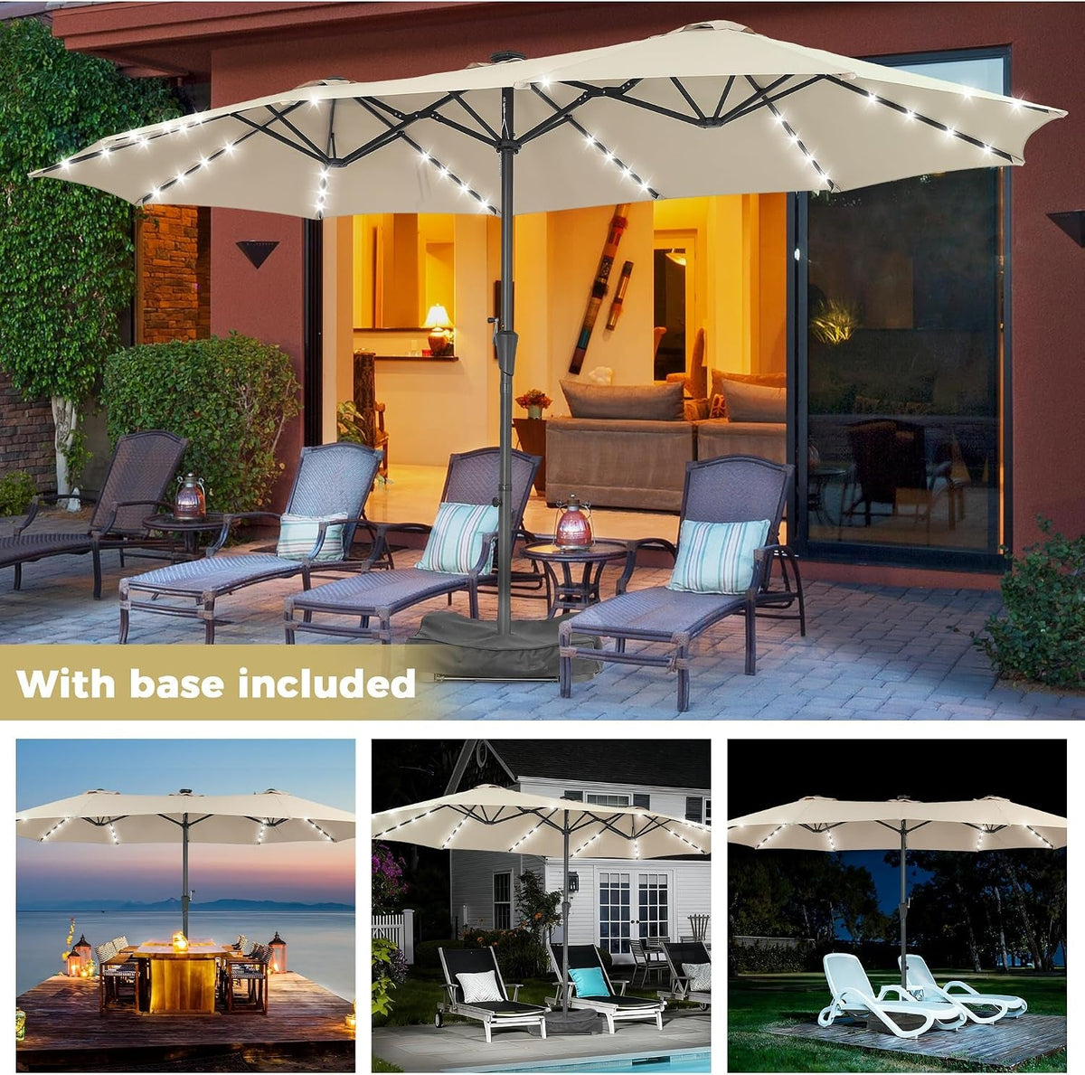 15Foot Double Sided Rectangular Patio Solar Umbrella
