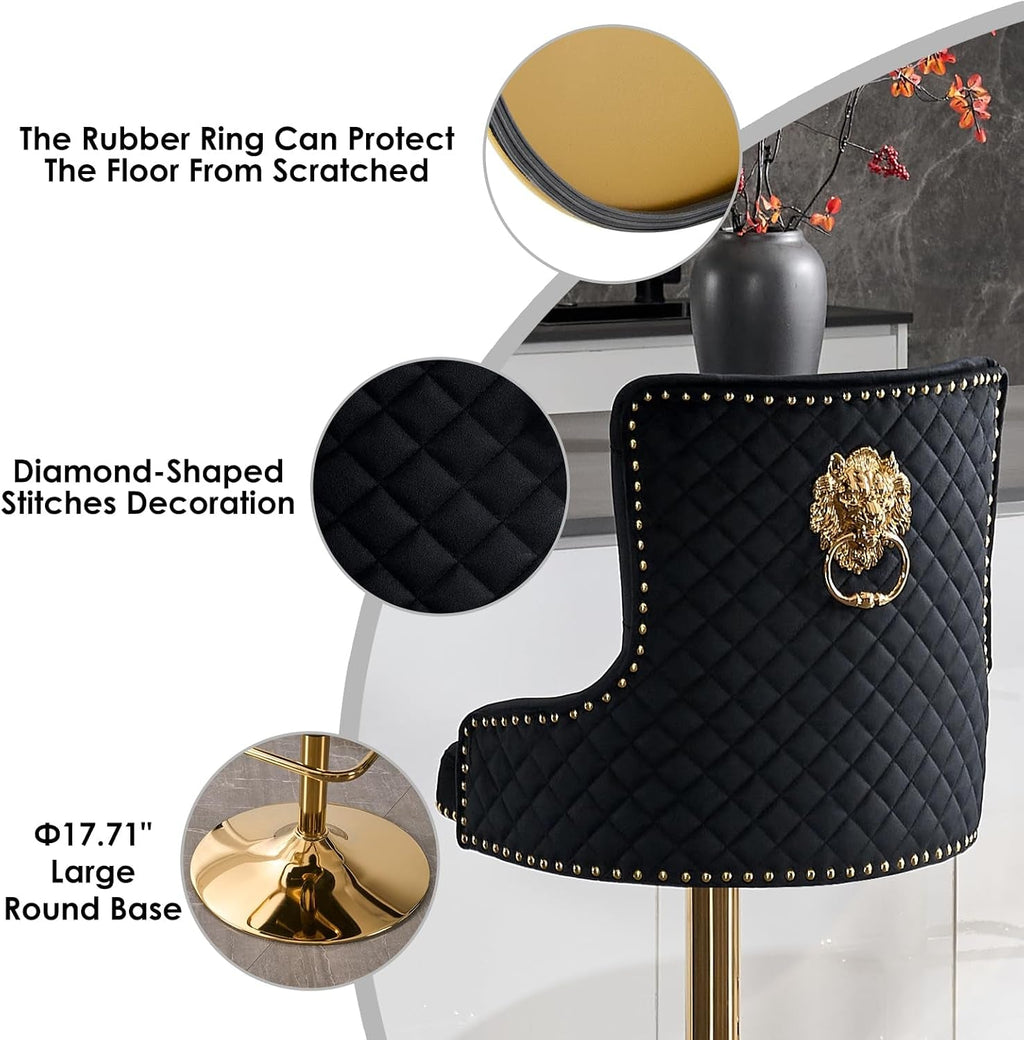 Black Velvet Swivel Bar Stools With Gold Lion Pull Ring