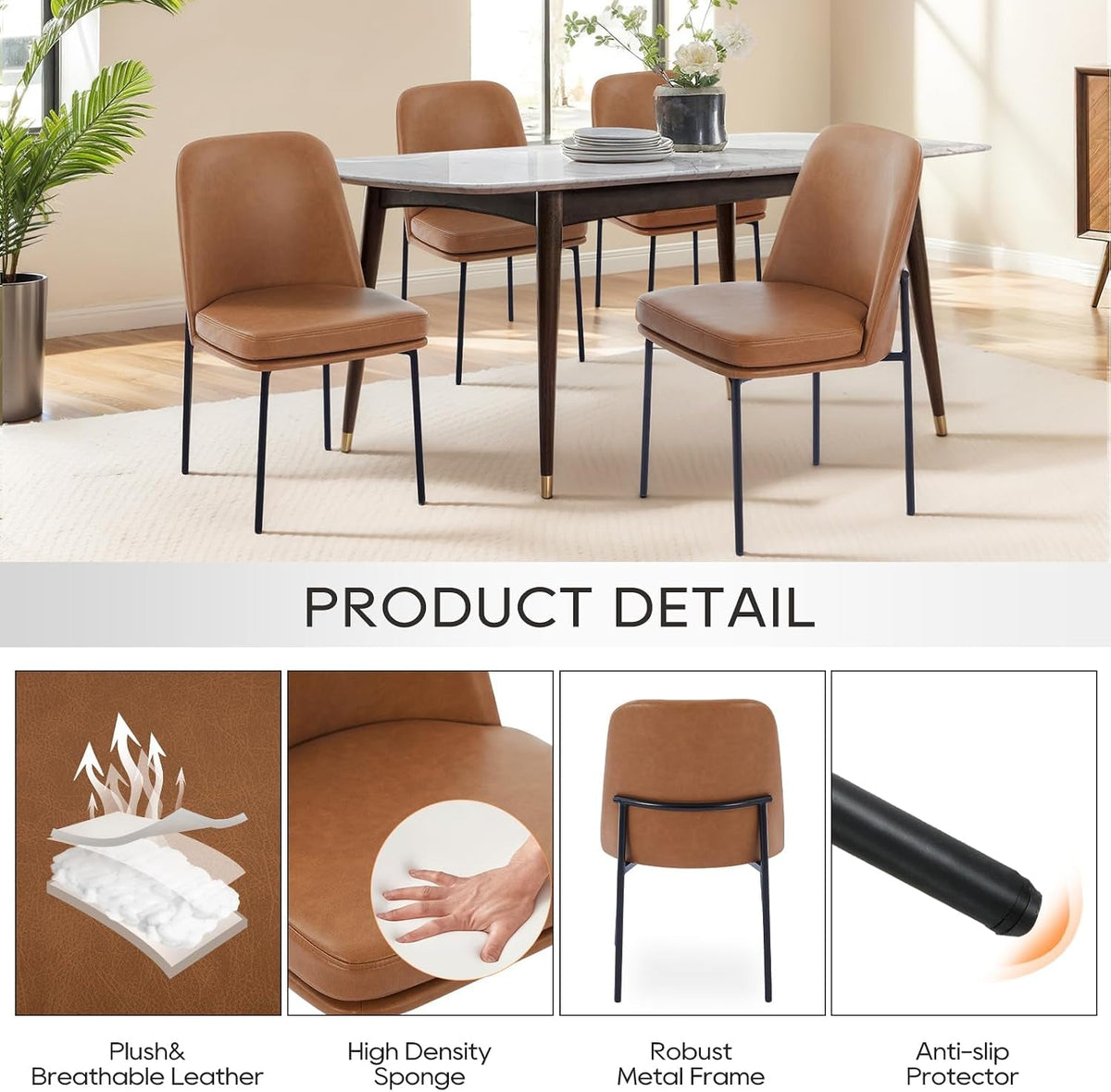 Brown Upholstered Dining Chairs Four-Piece Set Metal-Legged